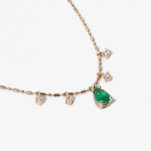 Pear Emerald Pendant & Dangling Diamonds Tube Bar Chain Necklace