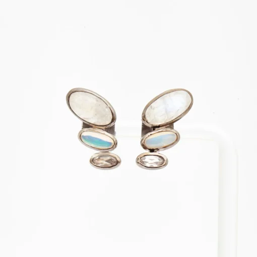 Rainbow Moonstone, Ethiopian Opal, & White Zircon Taper Earrings
