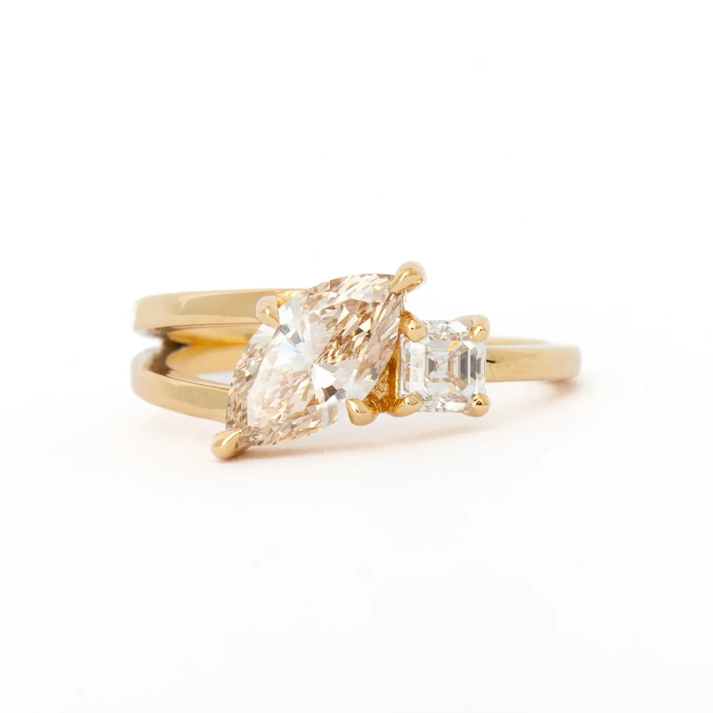 1.02 ct Champagne Marquise & White Asscher Diamond Maisonette Ring