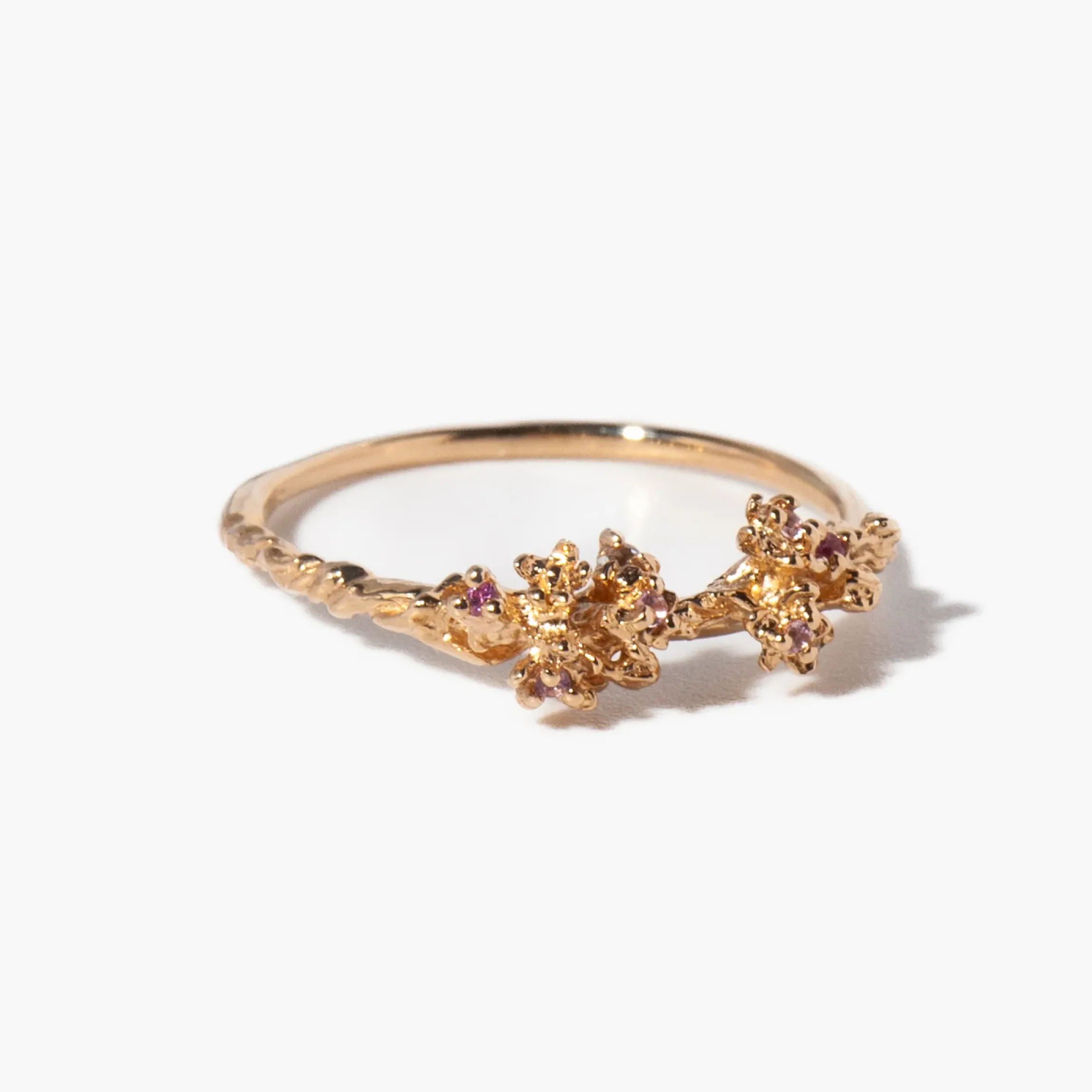 Cherry Blossom & Diamond Dewdrops on Sleeping Petal Garden Ring