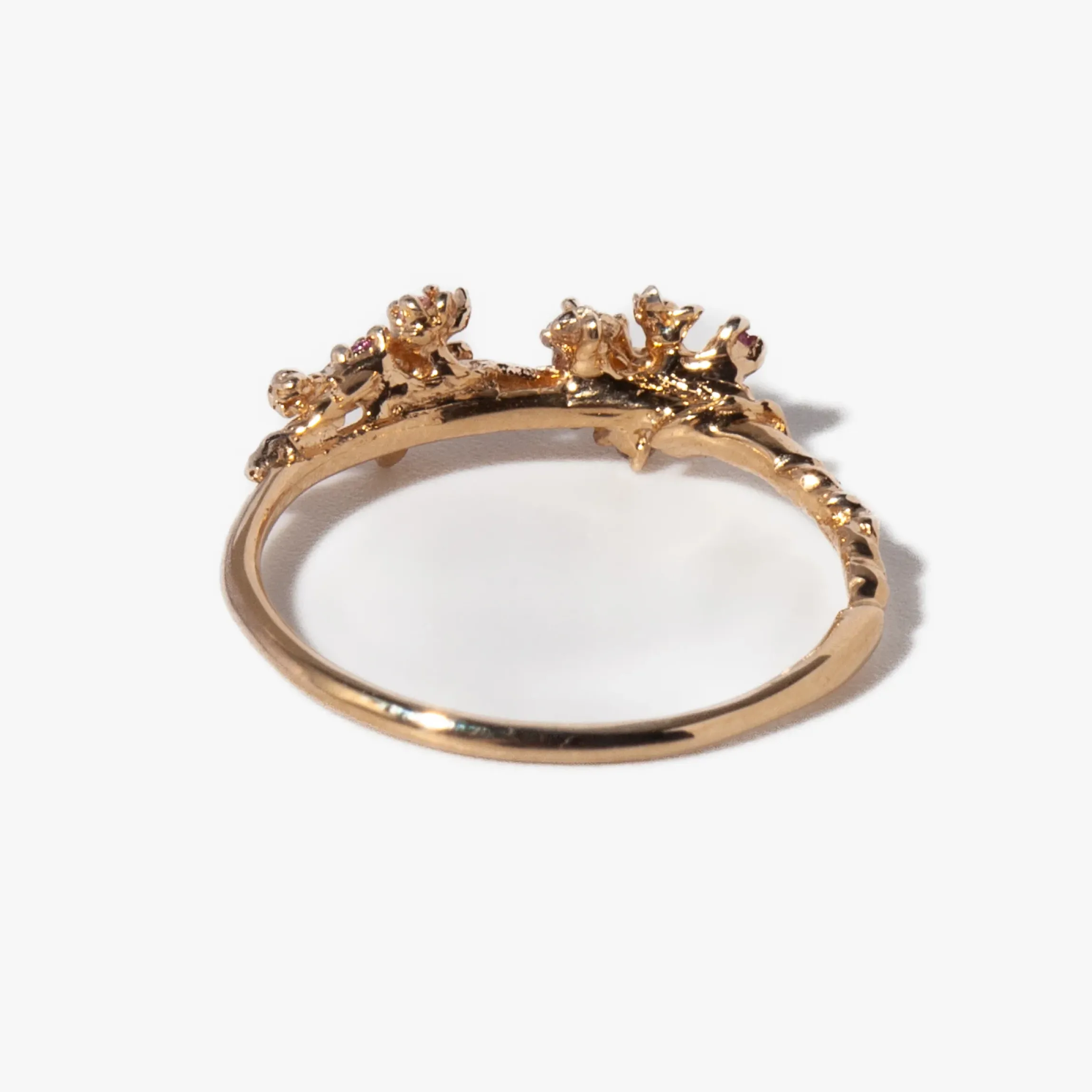 Cherry Blossom & Diamond Dewdrops on Sleeping Petal Garden Ring