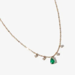 Pear Emerald Pendant & Dangling Diamonds Tube Bar Chain Necklace