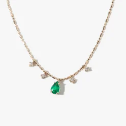 Pear Emerald Pendant & Dangling Diamonds Tube Bar Chain Necklace