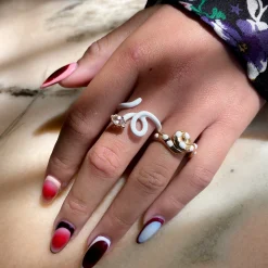 Rock Crystal Marquise & White Enamel Baby Vine Tendril Ring