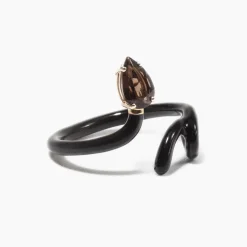 Smokey Quartz Pear & Black Enamel Baby Vine Tendril Ring